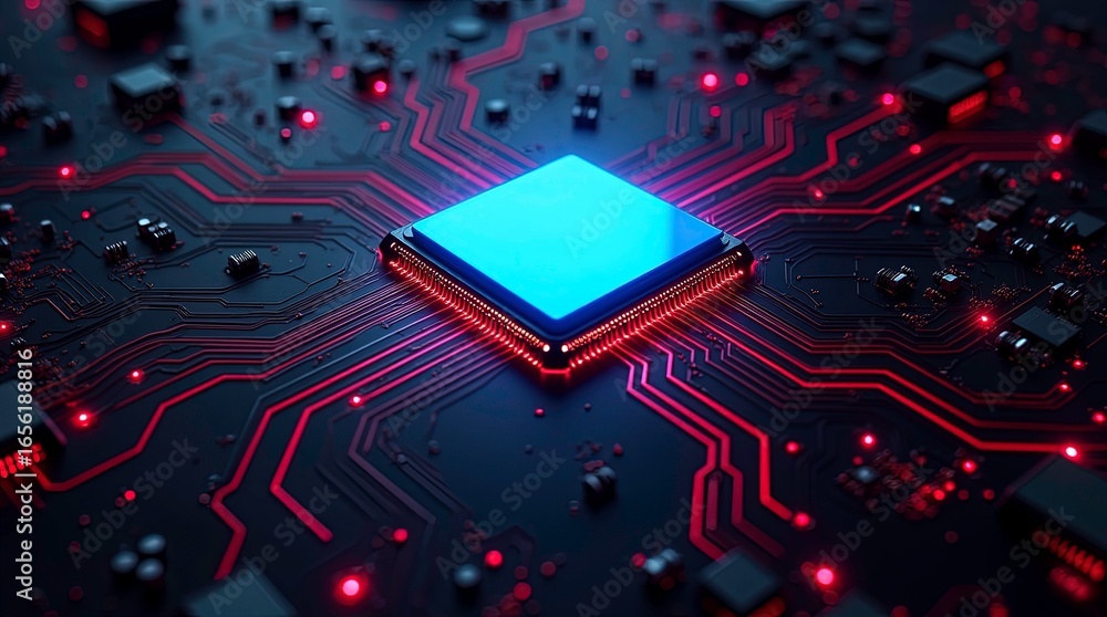Poster advanced electronic circuit board with a central microchip, glowing red trace and futuristic lightin