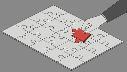 Hand Placing Red Puzzle Piece into Gray Jigsaw Puzzle.