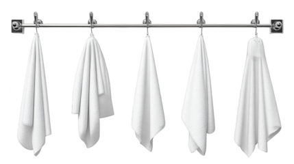 Detailed interior lifestyle scene showing a freshly laundered cotton towel hanging from a sleek holder mounted on a wall part of a set of three in a minimalist washroom.