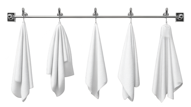 Detailed interior lifestyle scene showing a freshly laundered cotton towel hanging from a sleek holder mounted on a wall part of a set of three in a minimalist washroom.