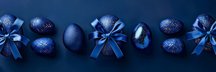 Glossy navy blue Easter eggs and satin bows arranged in a minimalist pattern on a smooth blue backdrop. Shiny Dark Blue Easter Eggs with Satin Bows on Blue Background