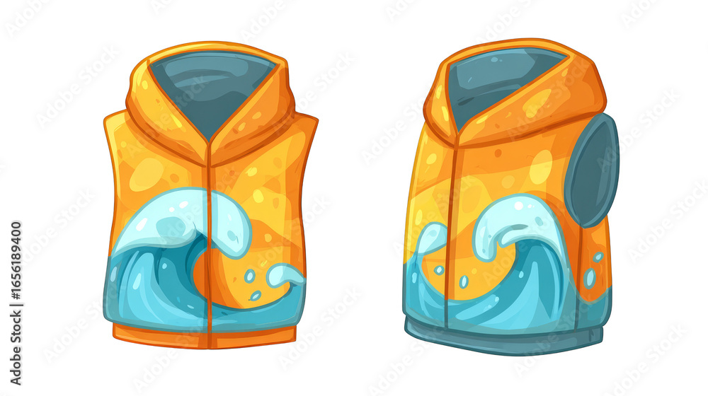 Poster a striking visual of two complementary vests showcasing a vibrant and dynamic blue and orange color 