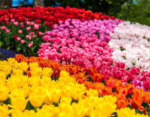 Vibrant tulip fields in a rainbow of colors