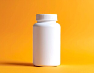 White plastic pill bottle mockup on vibrant orange background, ideal for vitamin, supplement, medicine, or pharmaceutical packaging design.