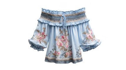 Elegant blue and white floral print shorts with a delicate gold trim detail a fashionable summer apparel choice for a chic and comfortable warm weather wardrobe.