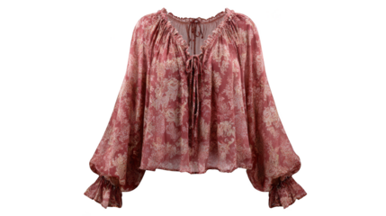 Elegant close up view of a delicate pink blouse adorned with an intricate floral pattern showcasing the soft fabric texture and vibrant botanical design details for fashion inspiration.