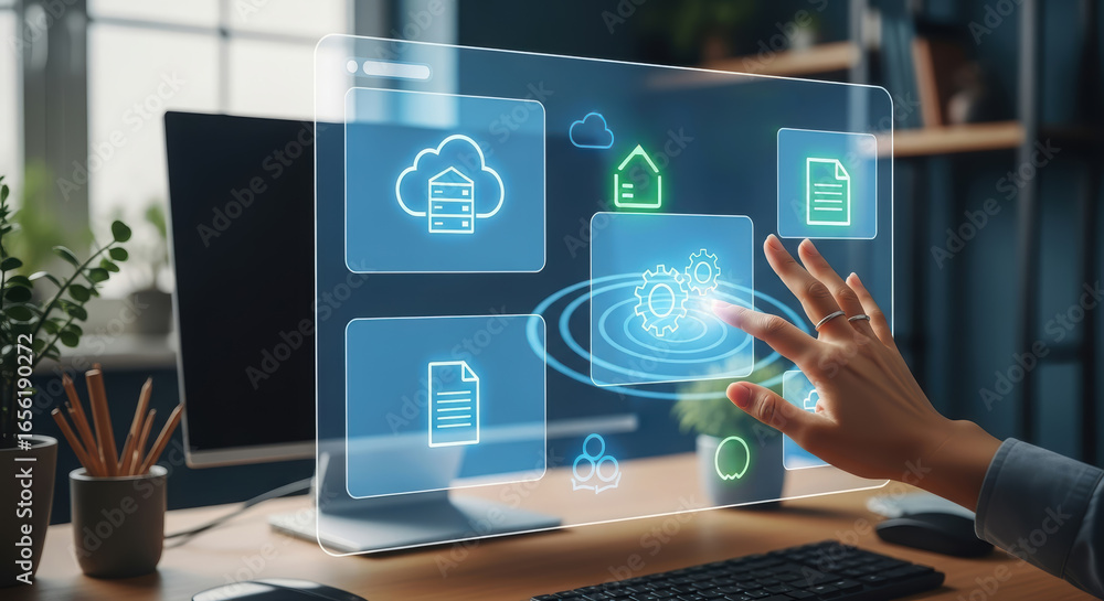 Poster futuristic digital interface with holographic icons and hand interaction, showcasing cloud storage, 