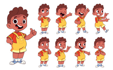 Cute cartoon boy in yellow overalls showing different emotions and hand gestures. Set of expressive character poses for animation, education, comics, or advertising design. Funny cartoon characters