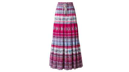 A stylish and elegant long maxi skirt featuring a vibrant multicolored artistic pattern on flowing lightweight fabric perfect for a bohemian or chic aesthetic.