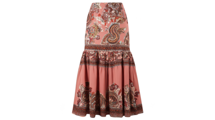 Elegant full length gown featuring a classic paisley pattern a flowing long skirt and a sophisticated silhouette perfect for formal occasions.