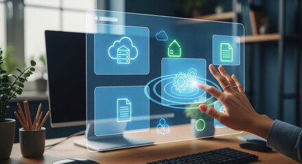 Fototapeta premium Futuristic digital interface with holographic icons and hand interaction, showcasing cloud storage, document management, and smart technology in a modern workspace environment