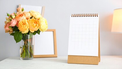 Aesthetic composition with calendar, flowers, and photo frame on a white surface