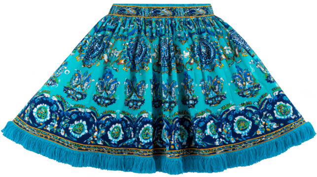 A close up of a stylish skirt featuring an elegant blue and green floral pattern design.