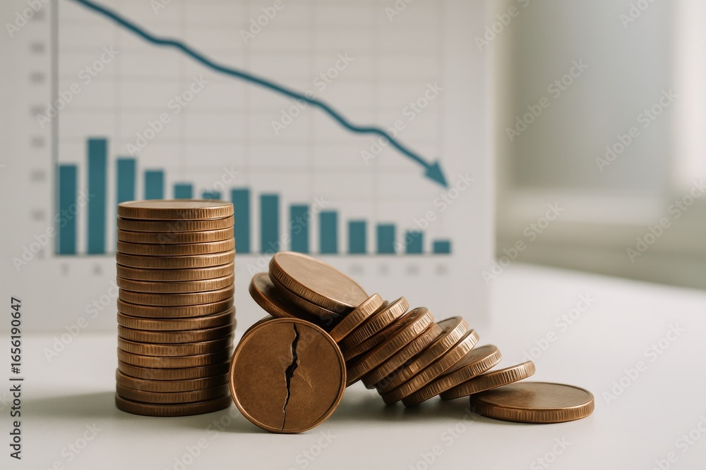 Poster negative revenue rate concept. piled coins with a declining graph in the background.