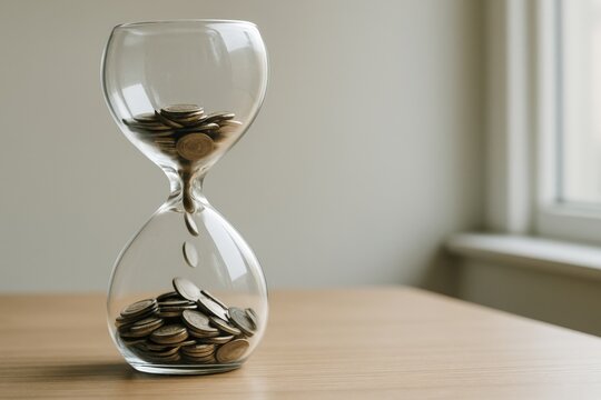 negative revenue rate concept. Clear hourglass filled with coins on a wooden surface. - Powered by Adobe