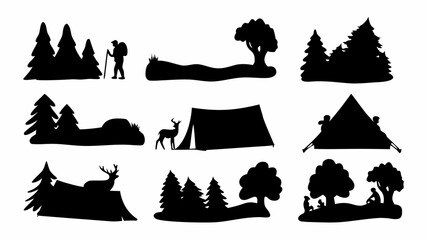 Fototapeta premium Silhouette illustrations of camping scenes with tents, trees, people, and deer in a nature setting outdoors