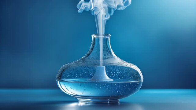 Footage of a glass mist diffuser releasing luminous vapor against a blue background