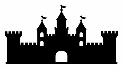 Silhouette of a castle with towers flags and crenellations against a white background in a simple design