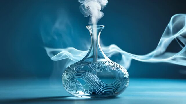Footage of a glass mist diffuser releasing luminous vapor against a blue background