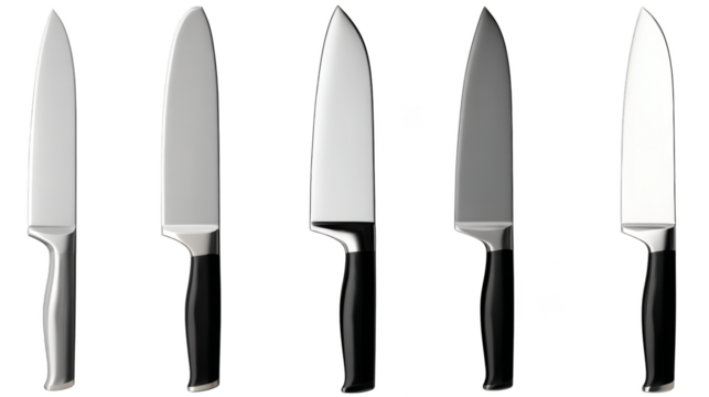 A meticulously arranged collection of four distinct culinary and utility knives showcasing a variety of blade shapes handle materials and expert craftsmanship for different tasks.
