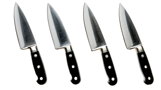 A carefully arranged collection of three essential culinary instruments featuring sharp steel blades two with elegant black composite grips and one with a metallic silver handle.