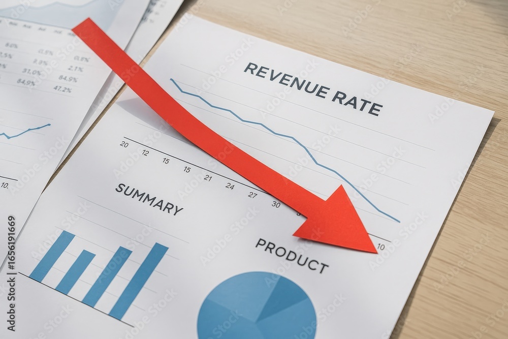 Poster negative revenue rate concept. declining revenue charts and analysis document with red arrow.
