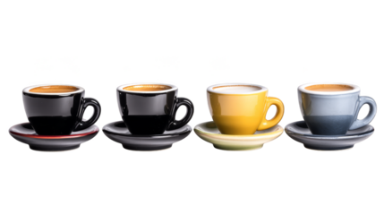 Four small espresso cups on saucers against a white background.