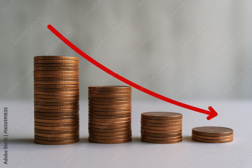 Poster negative revenue rate concept. visual representation of declining financial trends with stacked coin