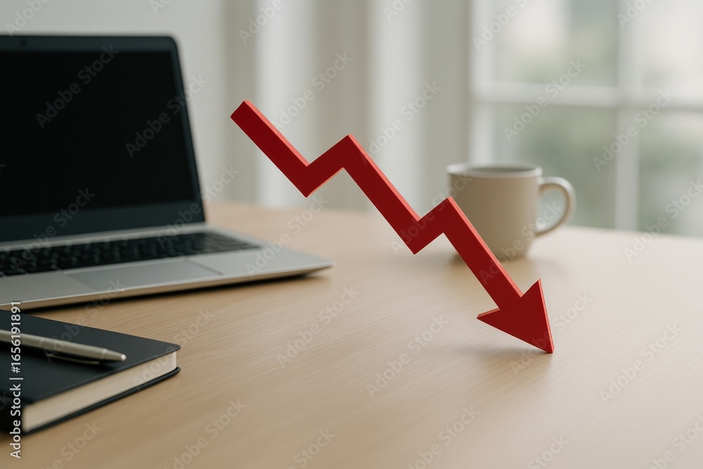 Poster negative revenue rate concept. office desk with a declining graph arrow and a coffee cup.