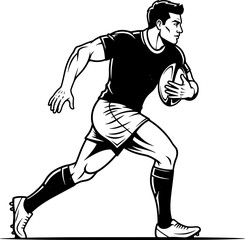 Rugby Player Running with the Ball in Black and White