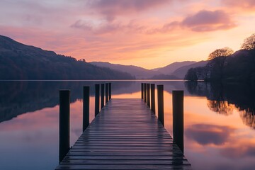 Obraz premium Serene wooden pier extending into a tranquil lake under a vibrant sunset sky