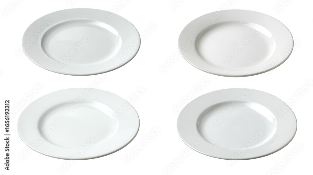 Poster a clean and minimalist overhead view of four round white ceramic plates with a vibrant yellow trim p
