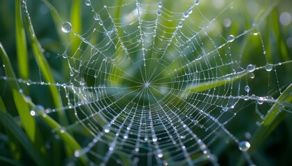 Iridescent Dew Drops on Spiderweb in Green Grass