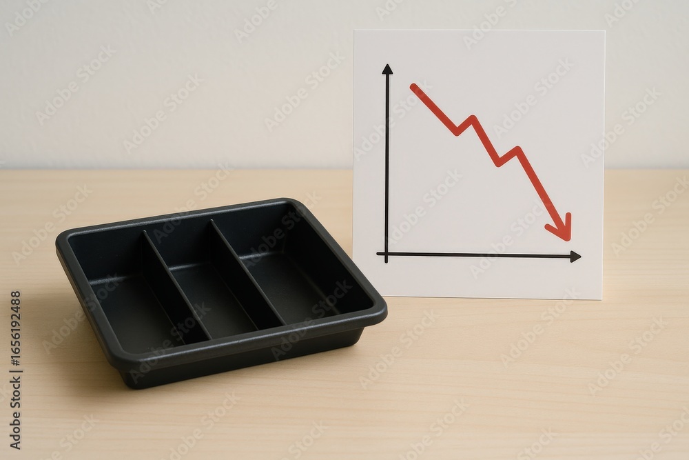 Poster negative revenue rate concept. empty tray next to graph showing a downward trend.
