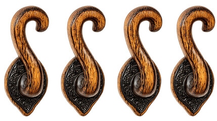 Fototapeta premium A set of three rustic wooden hooks mounted on a wall each featuring an intricate handcrafted decorative design for hanging coats hats and accessories in a hallway or entryway.