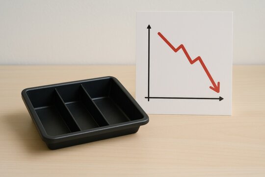 negative revenue rate concept. Empty tray next to graph showing a downward trend.