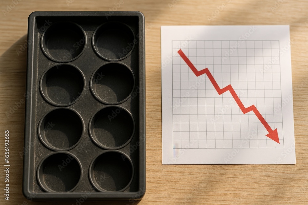 Poster negative revenue rate concept. a decline graph next to a tray with circular compartments.