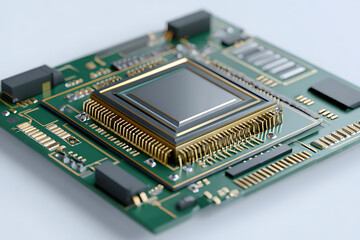 Intricate gold-plated processor chip on green circuit board, showcasing advanced technology and digital innovation for modern electronics and data.