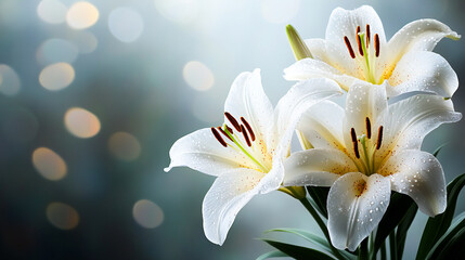 Elegant white flowers with soft bokeh background, mourning and funeral imagery with copy space for text