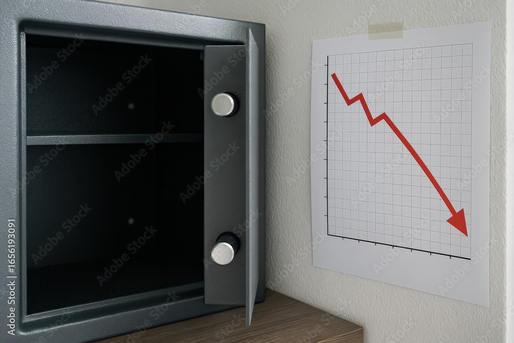 Poster negative revenue rate concept. empty safe next to a declining graph on paper.