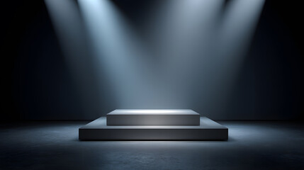 Modern 3D rendered showcase with an empty display platform under intense spotlights, creating a professional and focused presentation background for product launches or awards.