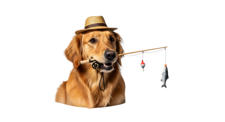 Golden retriever with fishing rod isolated on transparent background