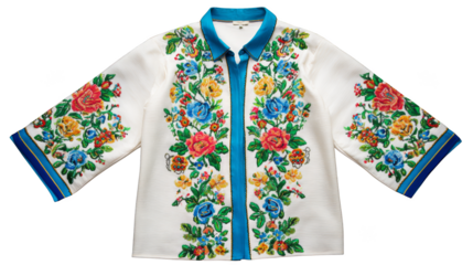 Elegant white fashion jacket featuring a vibrant and detailed botanical print of colorful flowers elegantly accented with a striking blue trim for a chic and modern apparel look.