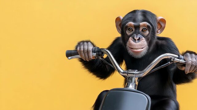 Joyful chimpanzee riding on a motorcycle against a yellow backdrop with enthusiastic expression