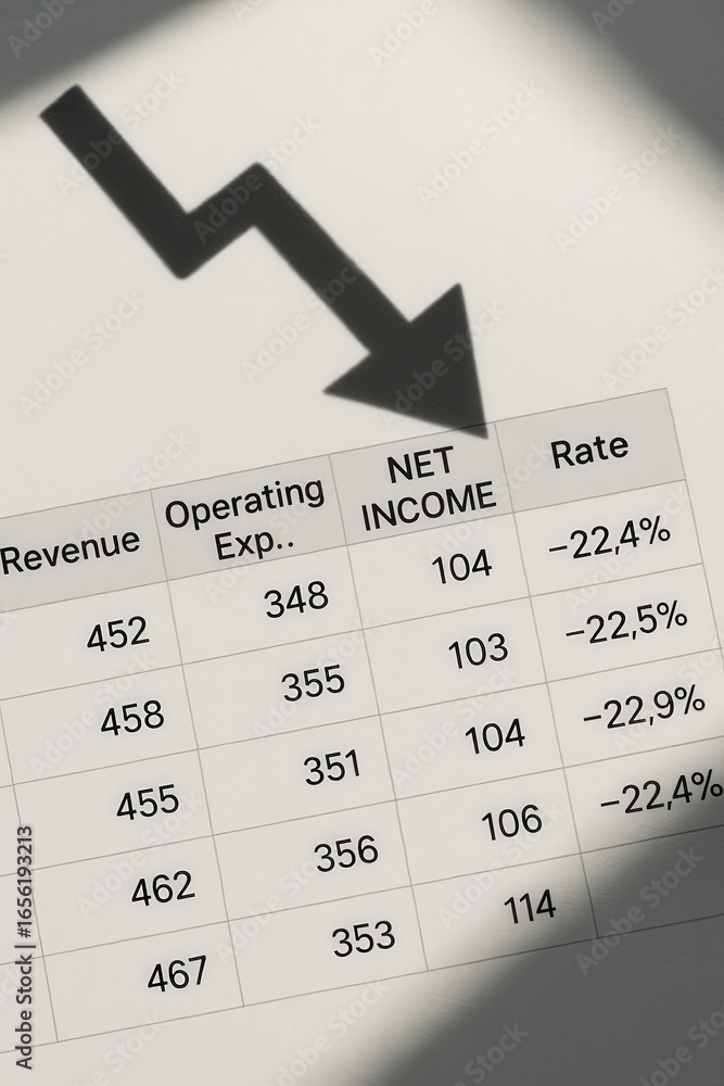 Poster negative revenue rate concept. declining financial performance with net income data.