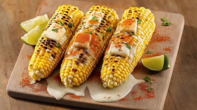 Sizzling grilled corn with creamy sauce and spices transform on wooden platter
