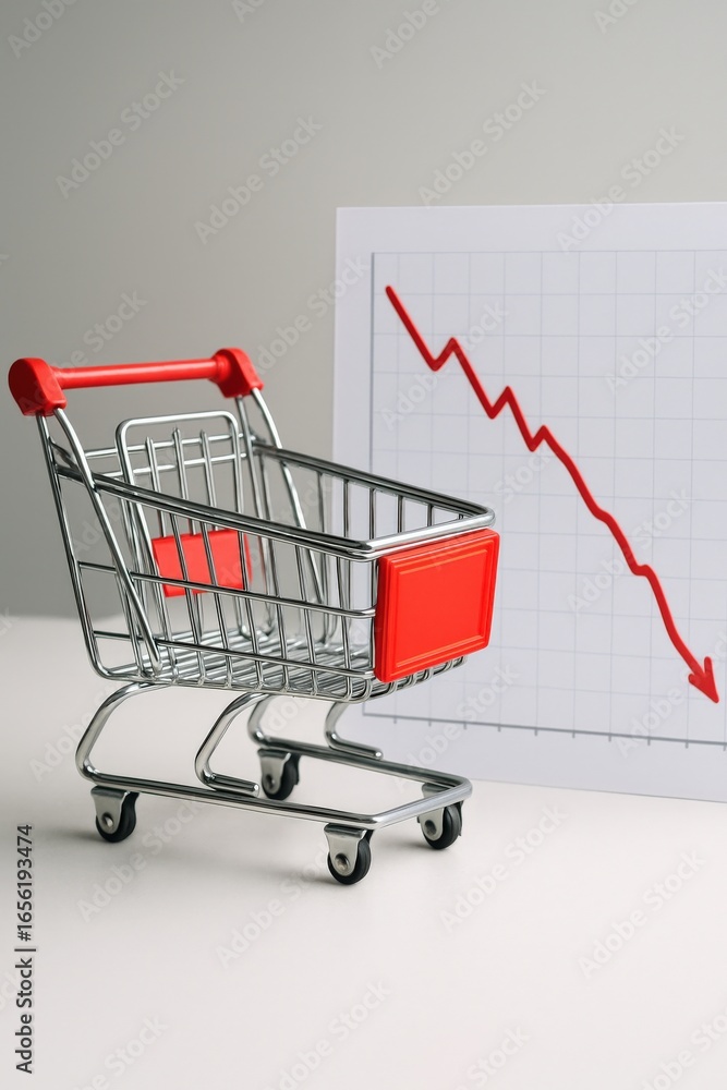 Poster negative revenue rate concept. shopping cart with declining graph representing economic trends.