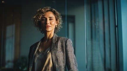 Confident female executive standing in a modern office environment with glass wall background, exuding professionalism and leadership, symbolizing corporate success, strategic decision making
