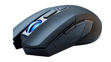 Close up view of a contemporary computer mouse an essential input device featuring a striking blue LED light that illuminates its ergonomic design on a dark surface.