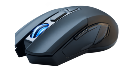 Close up view of a contemporary computer mouse an essential input device featuring a striking blue LED light that illuminates its ergonomic design on a dark surface.